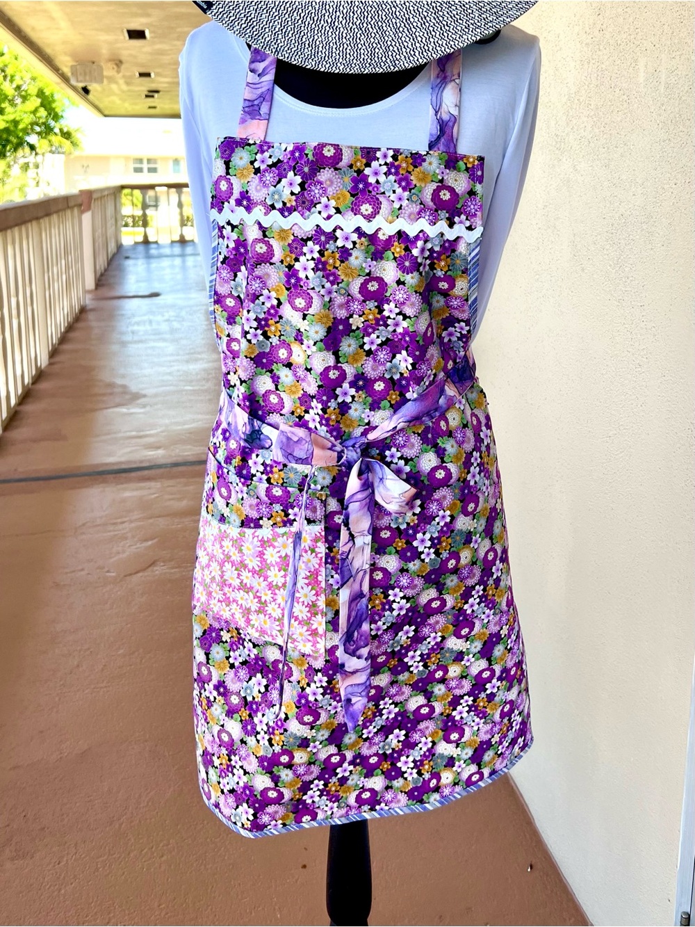 Handmade by me. Purple Floral Apron with Front Pocket